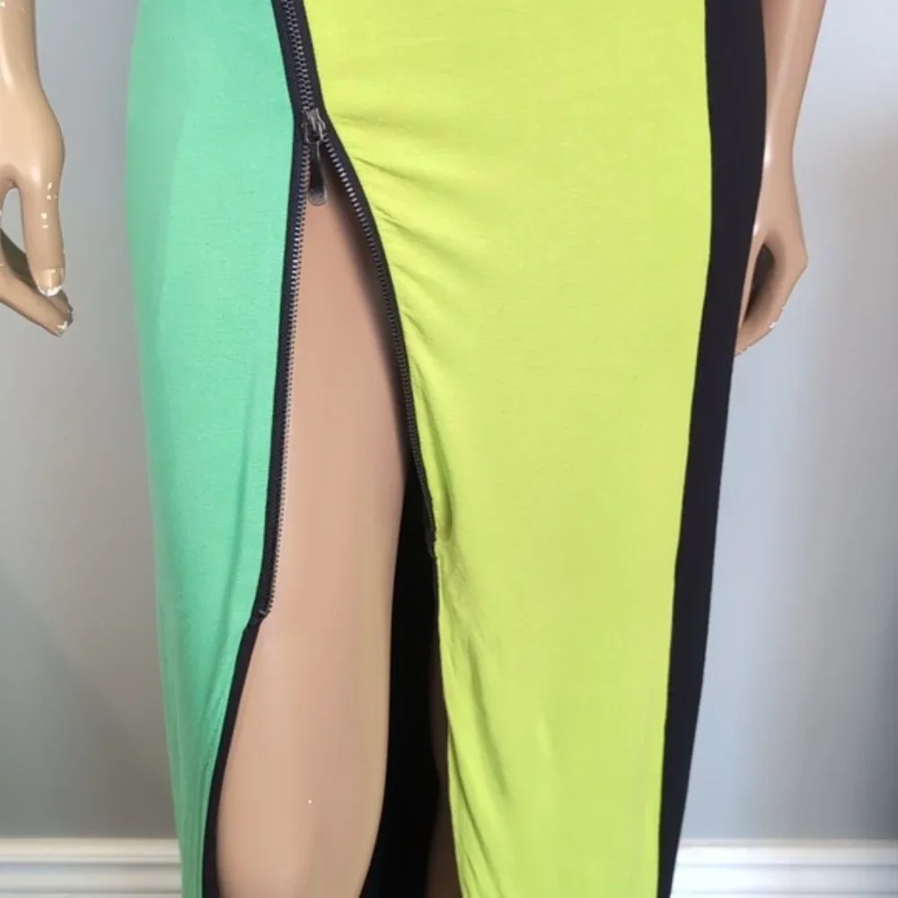 💠Bebe Addiction Colour Block Maxi Dress Women' Size Small Neon Green Sleeveless - Picture 10 of 15